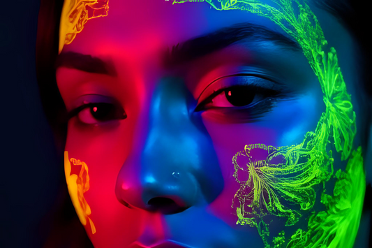 Rosto de mulher com luzes coloridas destacando ingredientes naturais mais usados em produtos de beleza