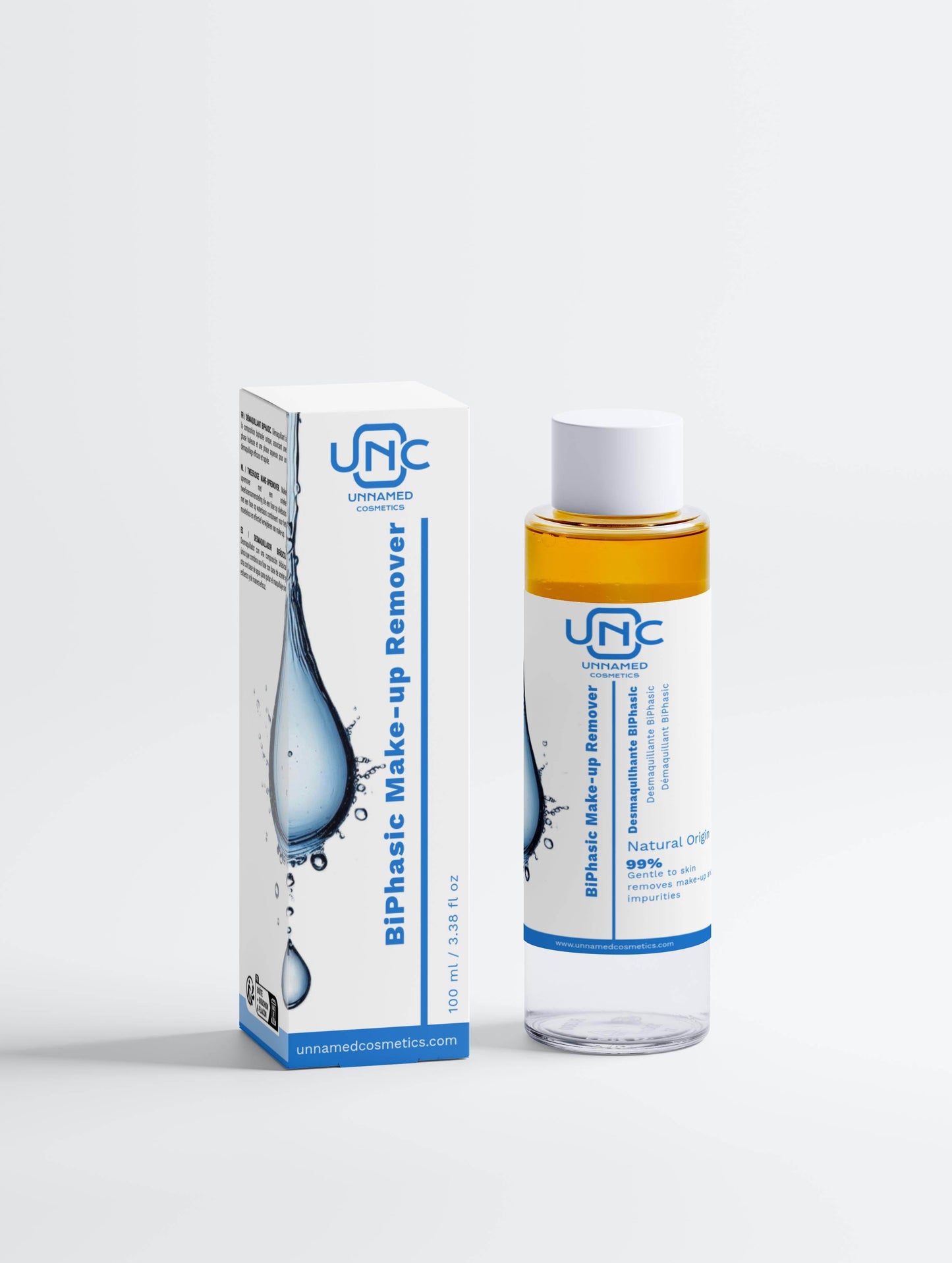 Removedor de maquiagem natural BiPhase em embalagem transparente com tampa branca