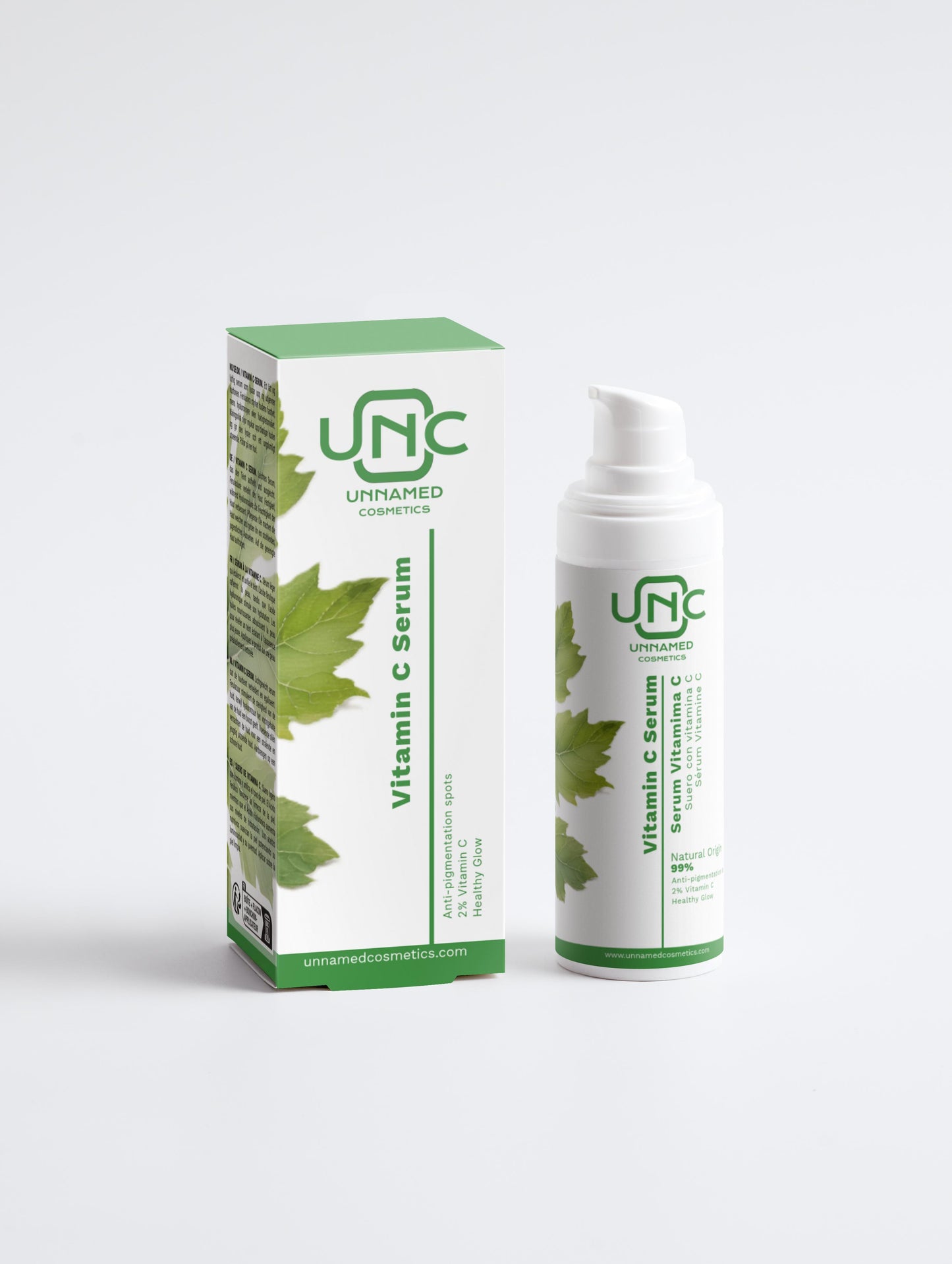 Sérum facial com vitamina C eficaz da Unnamed Cosmetics embalagem verde e branca com pump