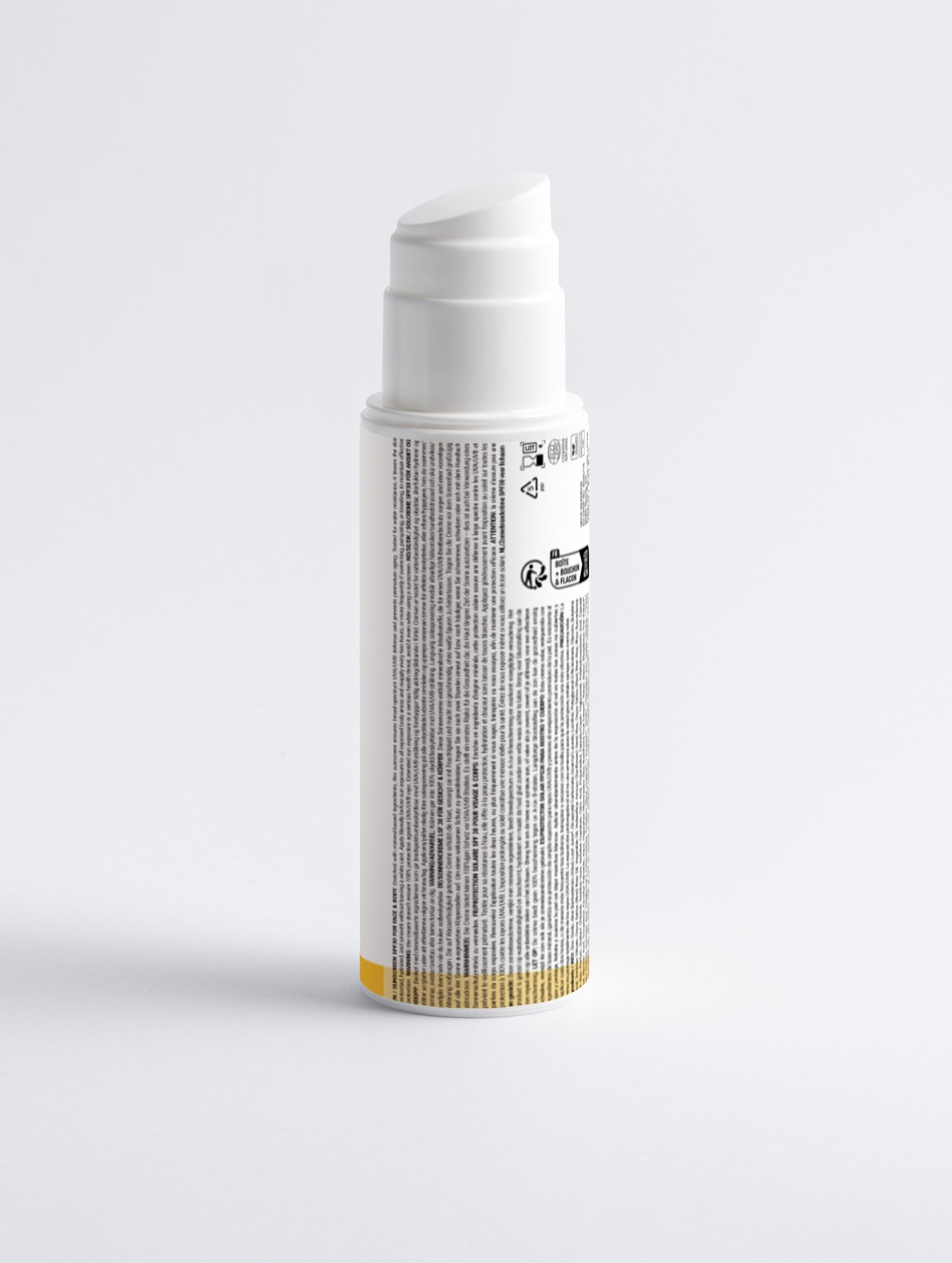 Frasco branco de Bloqueador Solar Cruelty-free SPF30 com tampa pump