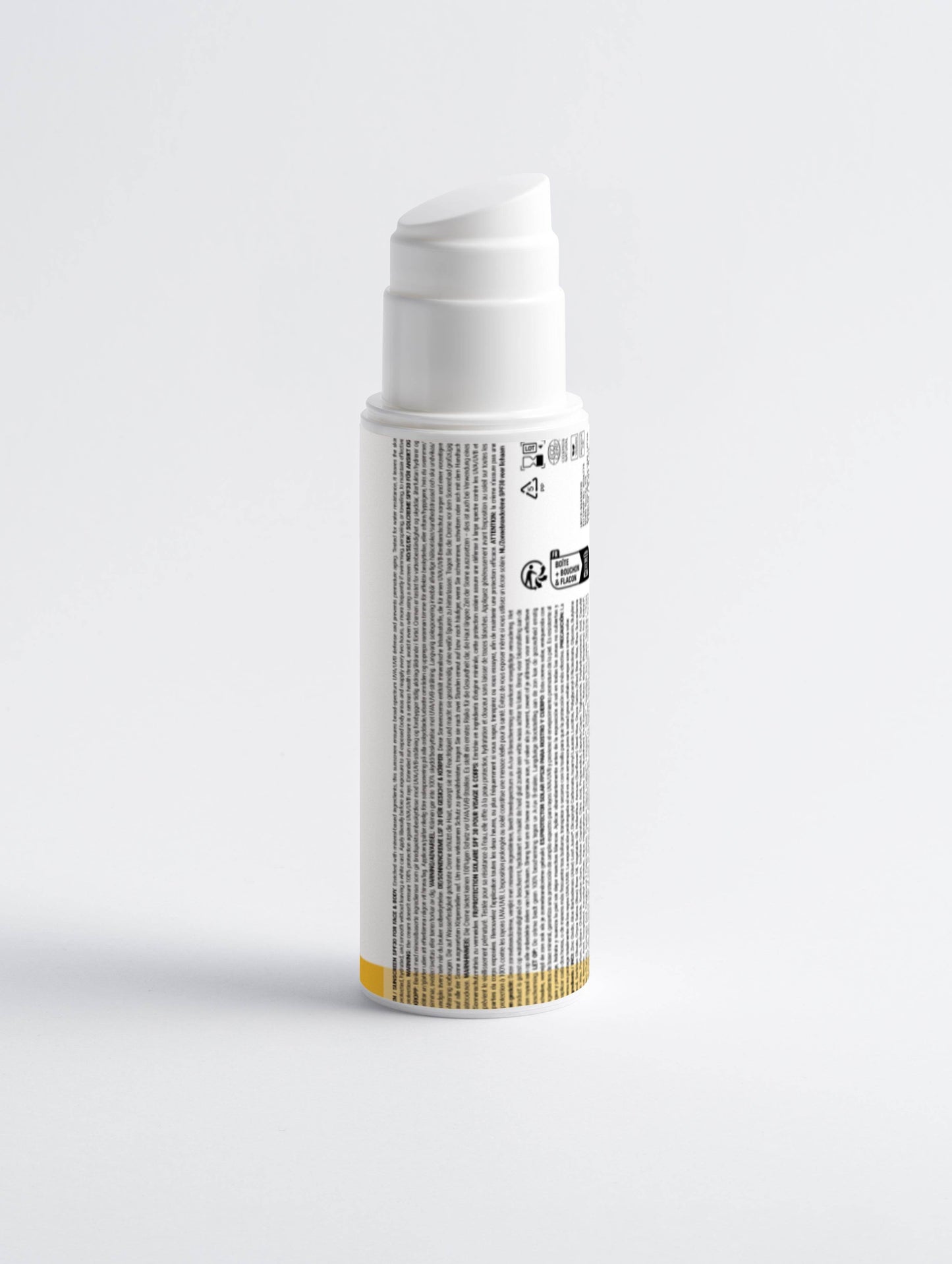 Frasco branco de Bloqueador Solar Cruelty-free SPF30 com texto em destaque no rótulo