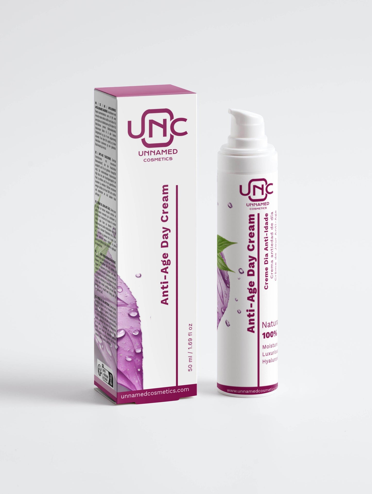 Frasco e caixa do creme anti-idade natural Unnamed Cosmetics com embalagem branca e roxa