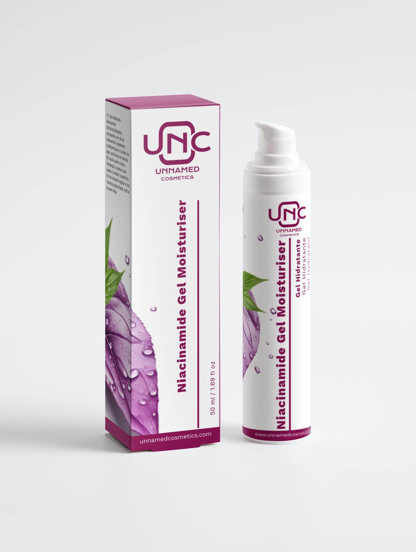 Hidratante com niacinamida para pele sensível, embalagem com design moderno e extrato de plantas.