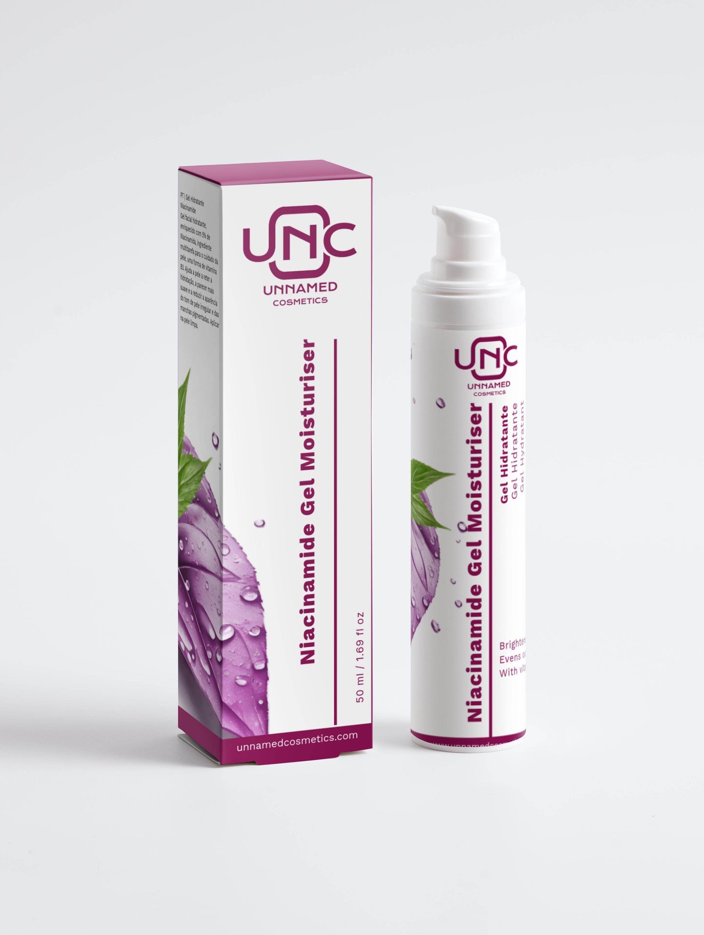 Gel hidratante com niacinamida para pele sensível em embalagem moderna da Unnamed Cosmetics