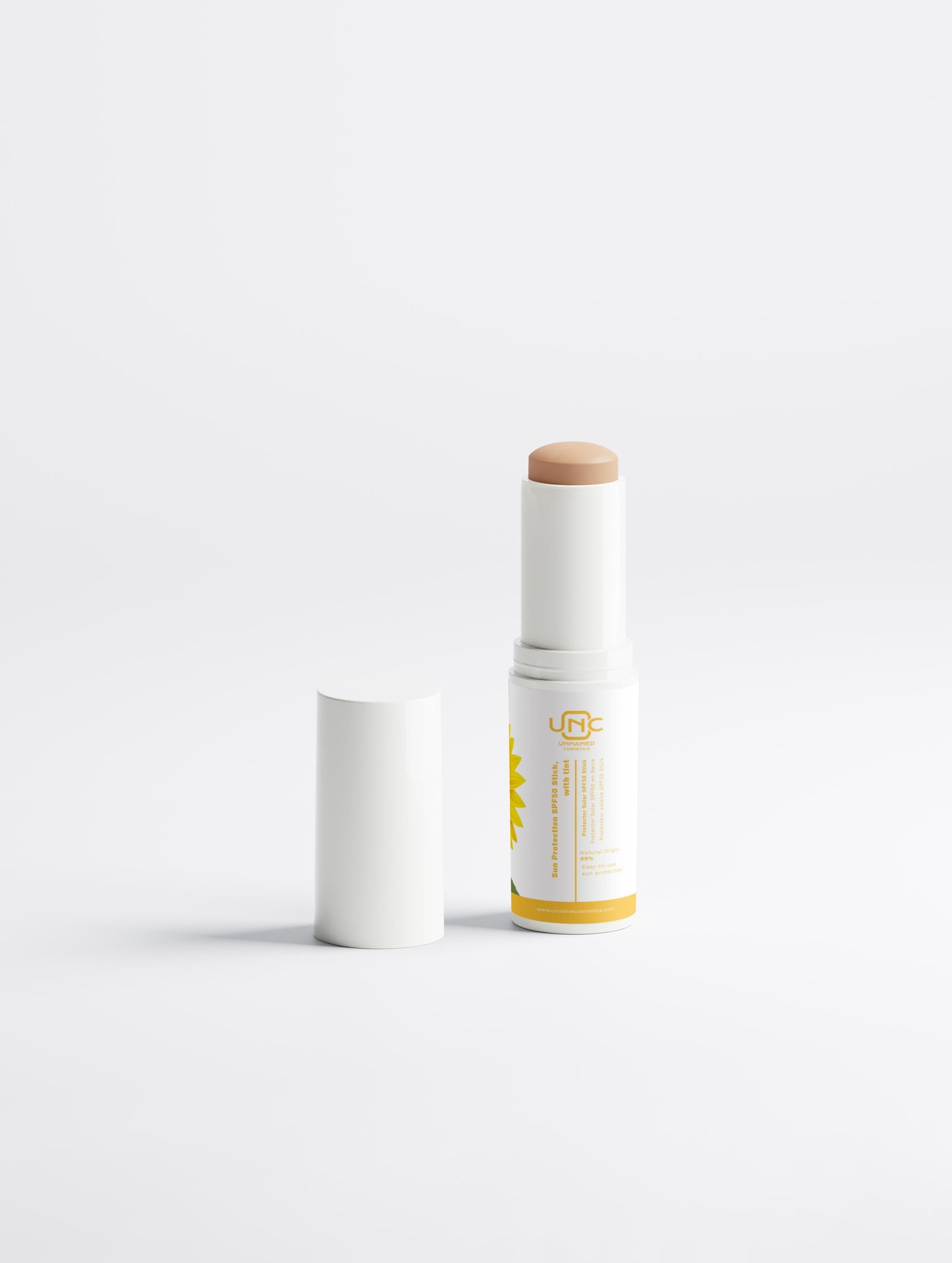Protetor solar natural SPF50em barra com embalagem branca e tampa removível