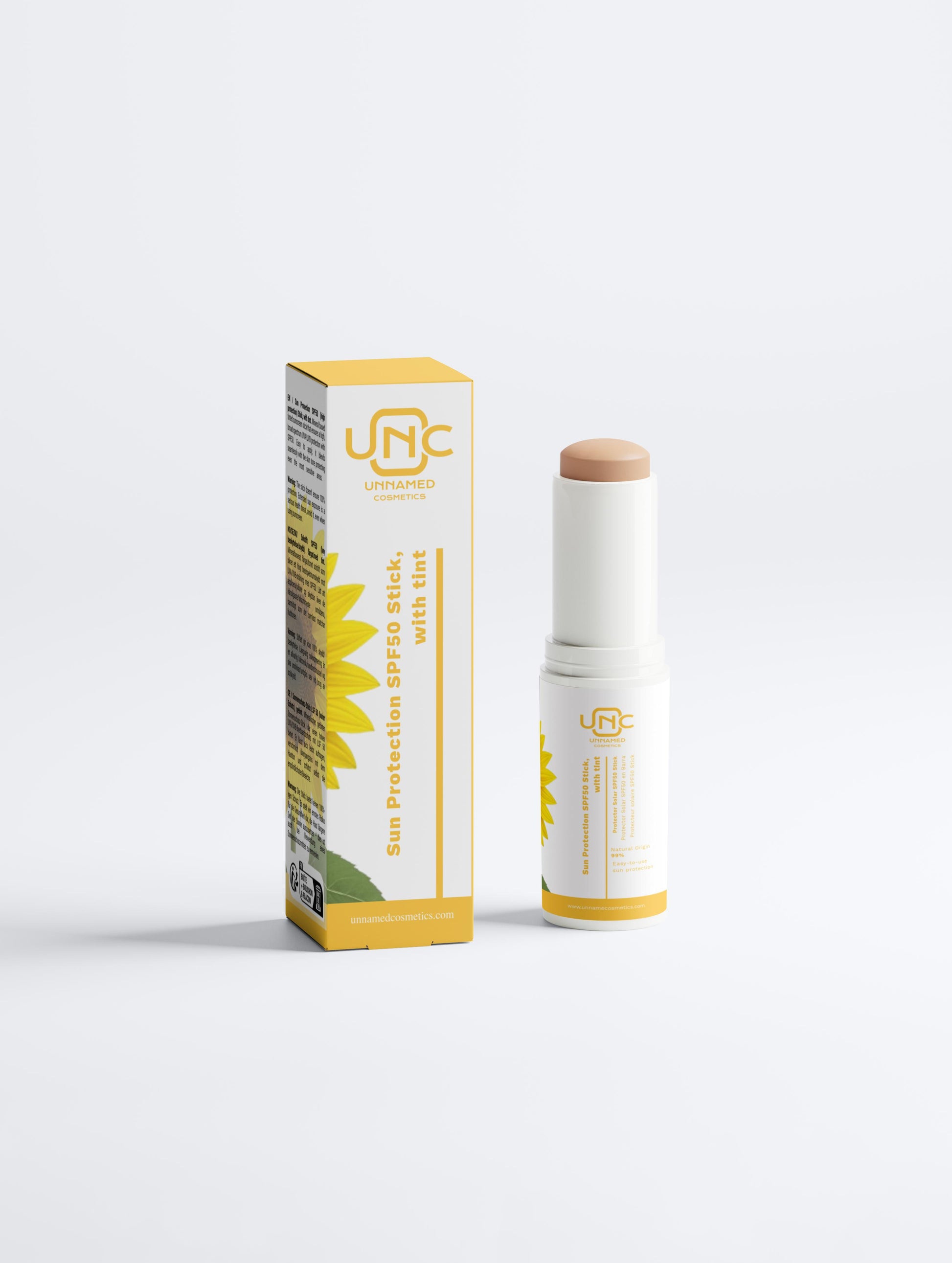 Protetor solar natural SPF50 em barra com embalagem branca e amarela