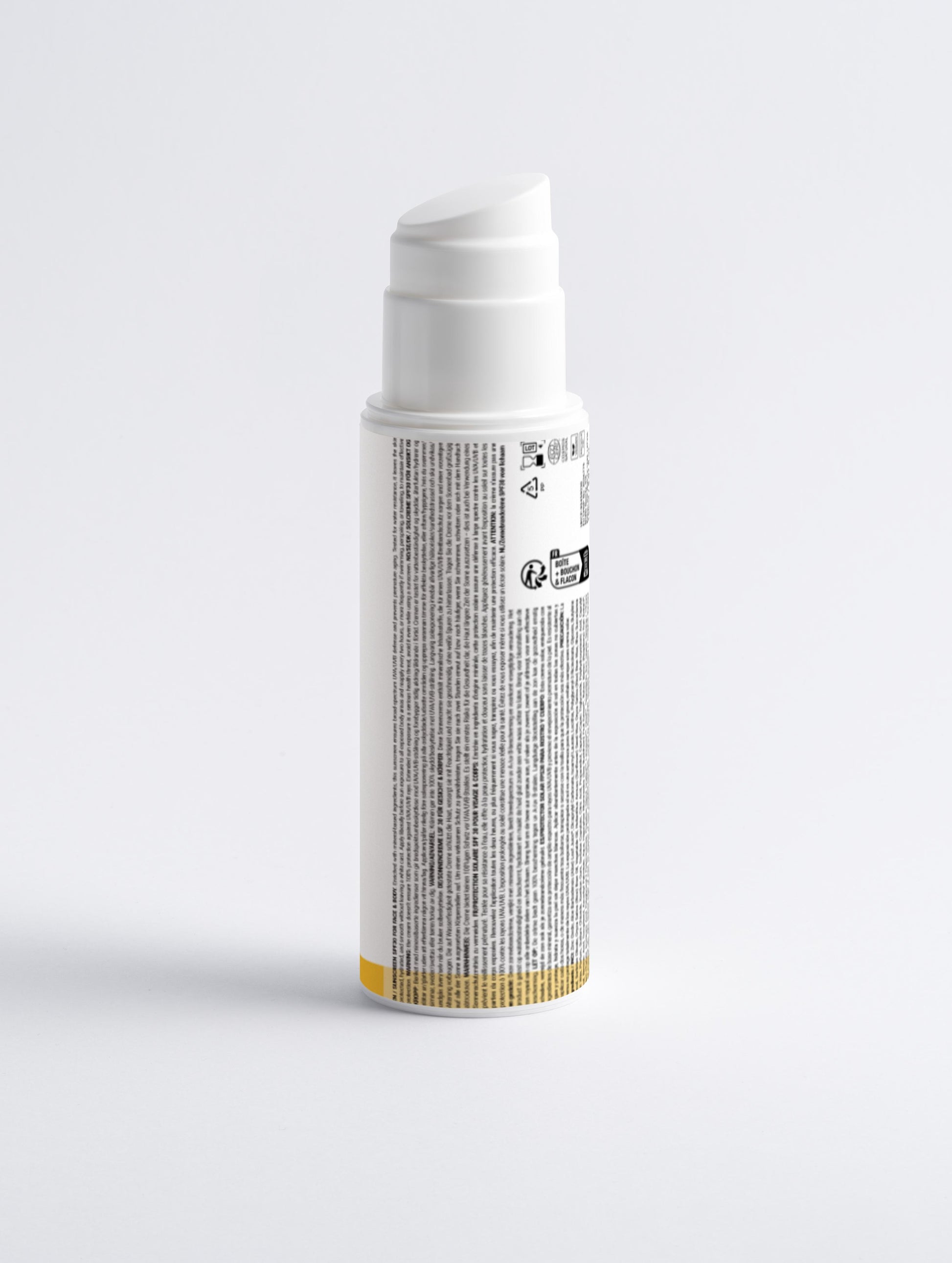 Frasco branco de Bloqueador Solar Cruelty-free SPF30  com tampa pump