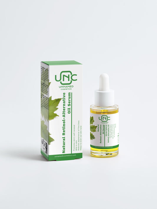 Óleo facial alternativa ao retinol Unnamed Cosmetics em frasco com conta-gotas e embalagem verde